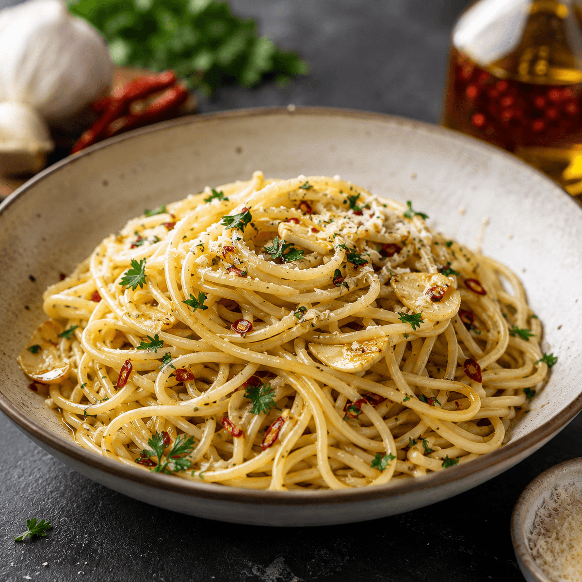 Teller Spaghetti mit Knoblauchscheiben, roten Chiliringen, Petersilie und geriebenem Käse