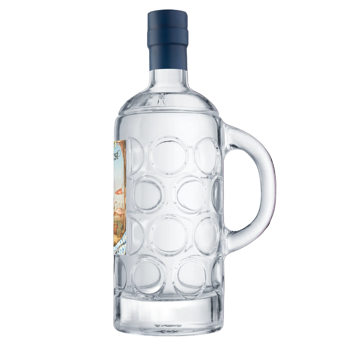 Klare Glasflasche in Krugform mit Henkel, genoppter Oberfläche und dunkelblauem Verschluss, seitliches Etikett