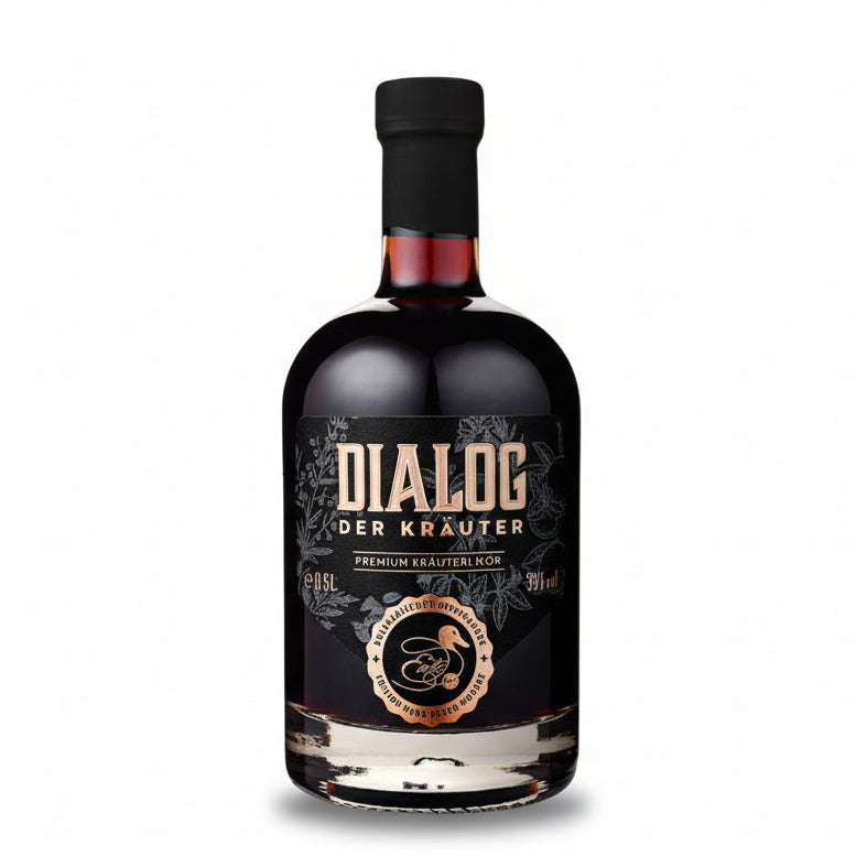 Dialog der Kräuter Premium Kräuterlikör 39 % vol mit Orangennote in goldener Farbe im Glas