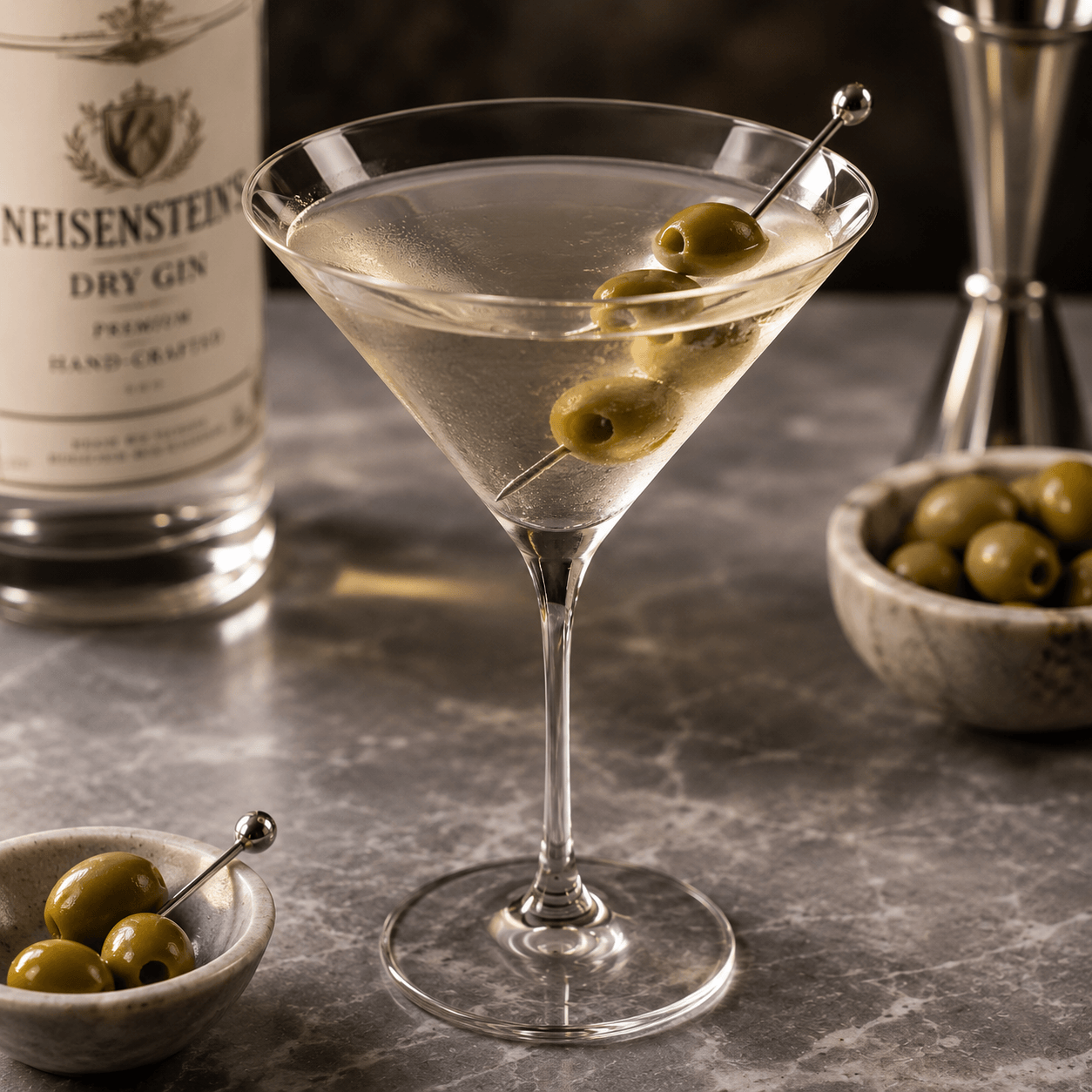 Martiniglas mit klarer Flüssigkeit und drei Oliven am Spieß, Flasche Neisenstein's Dry Gin im Hintergrund