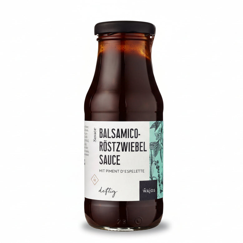 balsamico-roestzwiebel-sauce 245 ml mit piment-despelette und sichtbaren roestzwiebeln im glas