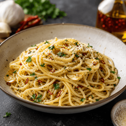 Teller Spaghetti mit Knoblauchscheiben, roten Chiliringen, Petersilie und geriebenem Käse
