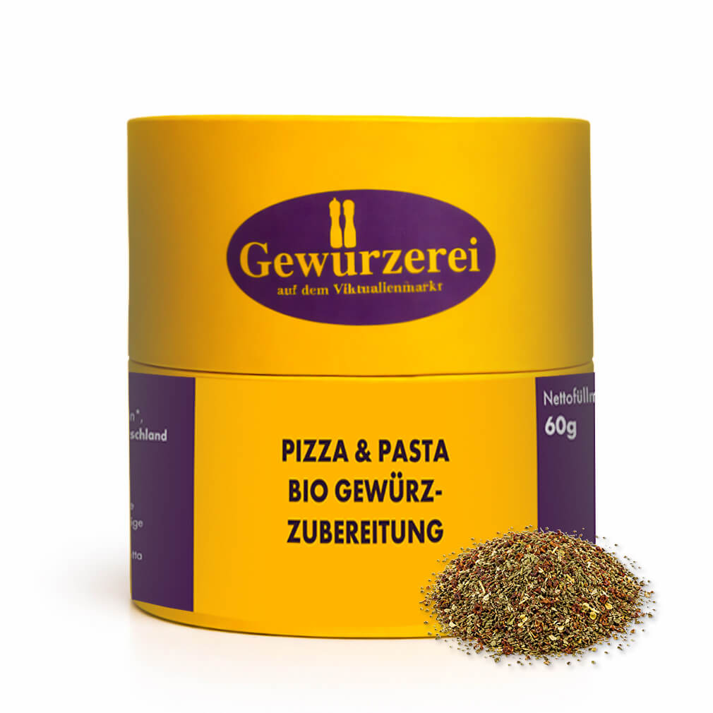 Gelbe Dose Pizza & Pasta Bio Gewürz-Zubereitung mit Gewürzhaufen davor