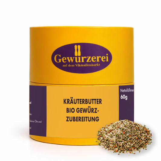 Bio Kräuterbutter Gewürzzubereitung mit Fleur de Sel, Kräutern und geräucherter Zwiebel für Grill, Brot und Küche