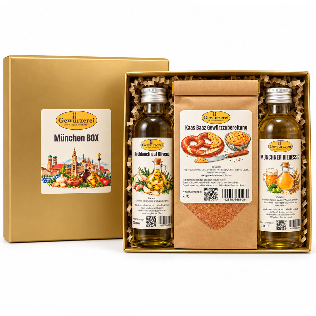 München Geschenkbox mit Kaas Baaz Gewürz, Münchner Bieressig und Knoblauch Olivenöl