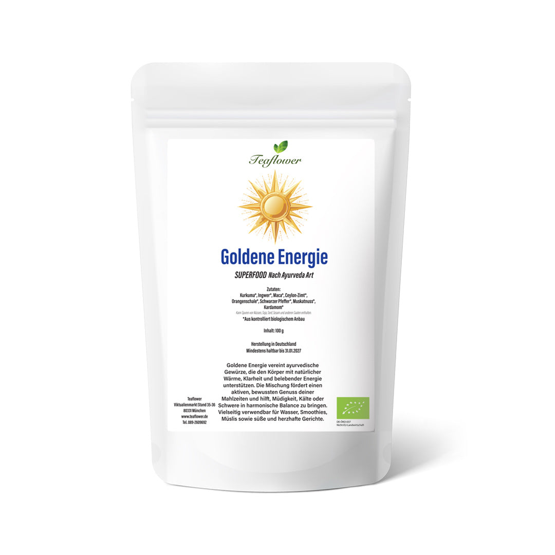 Kurkuma*, Ingwer*, Maca*, Ceylon-Zimt*, Orangenschale*, Schwarzer Pfeffer*, Muskatnuss*, Kardamom*. Hergestellt in Deutschland.