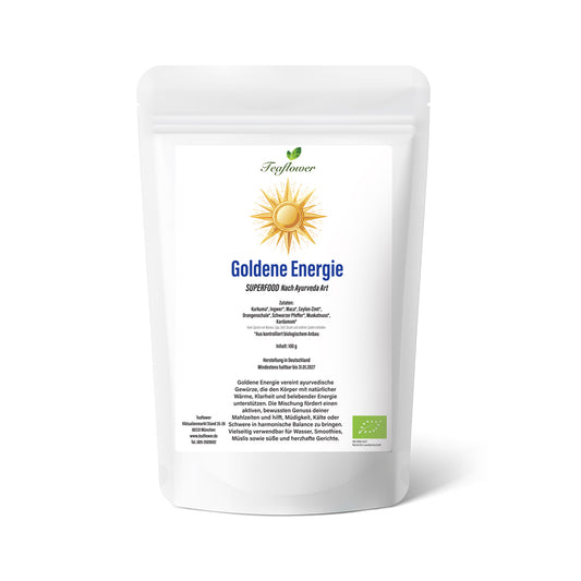 Kurkuma*, Ingwer*, Maca*, Ceylon-Zimt*, Orangenschale*, Schwarzer Pfeffer*, Muskatnuss*, Kardamom*. Hergestellt in Deutschland.