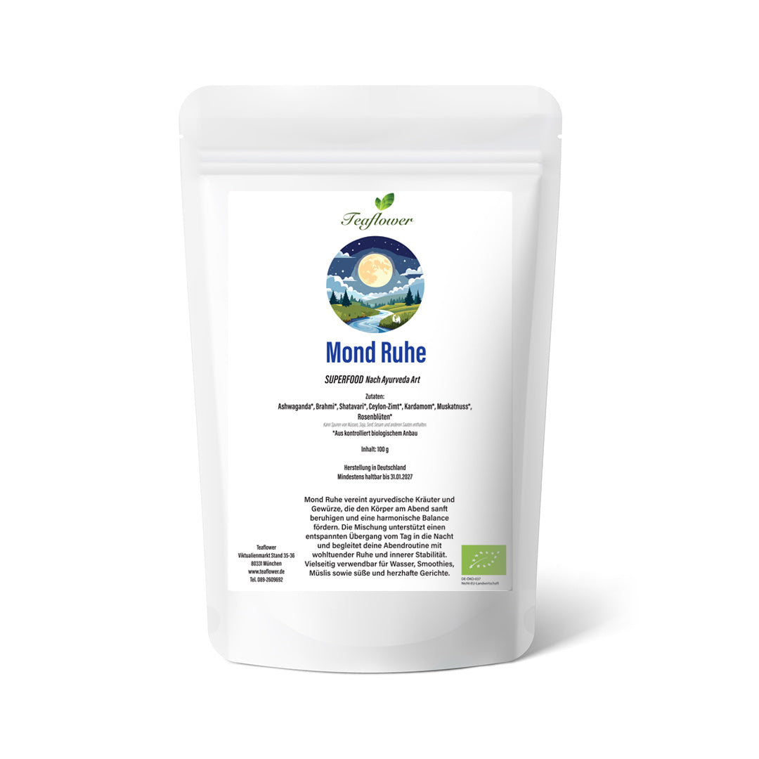 Ashwaganda*, Brahmi*, Shatavari*, Ceyion-Zimt*, Kardamom*, Muskatnuss*, Rosenblüten*. Hergestellt in Deutschland,superfood