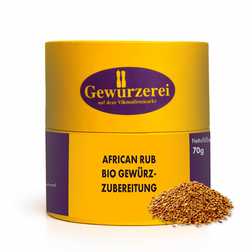 African Rub Bio Gewuerzmischung mit Chili Piment Cayennepfeffer Thymian Zwiebel und Pfeffer fuer BBQ Marinaden und Grillgerichte