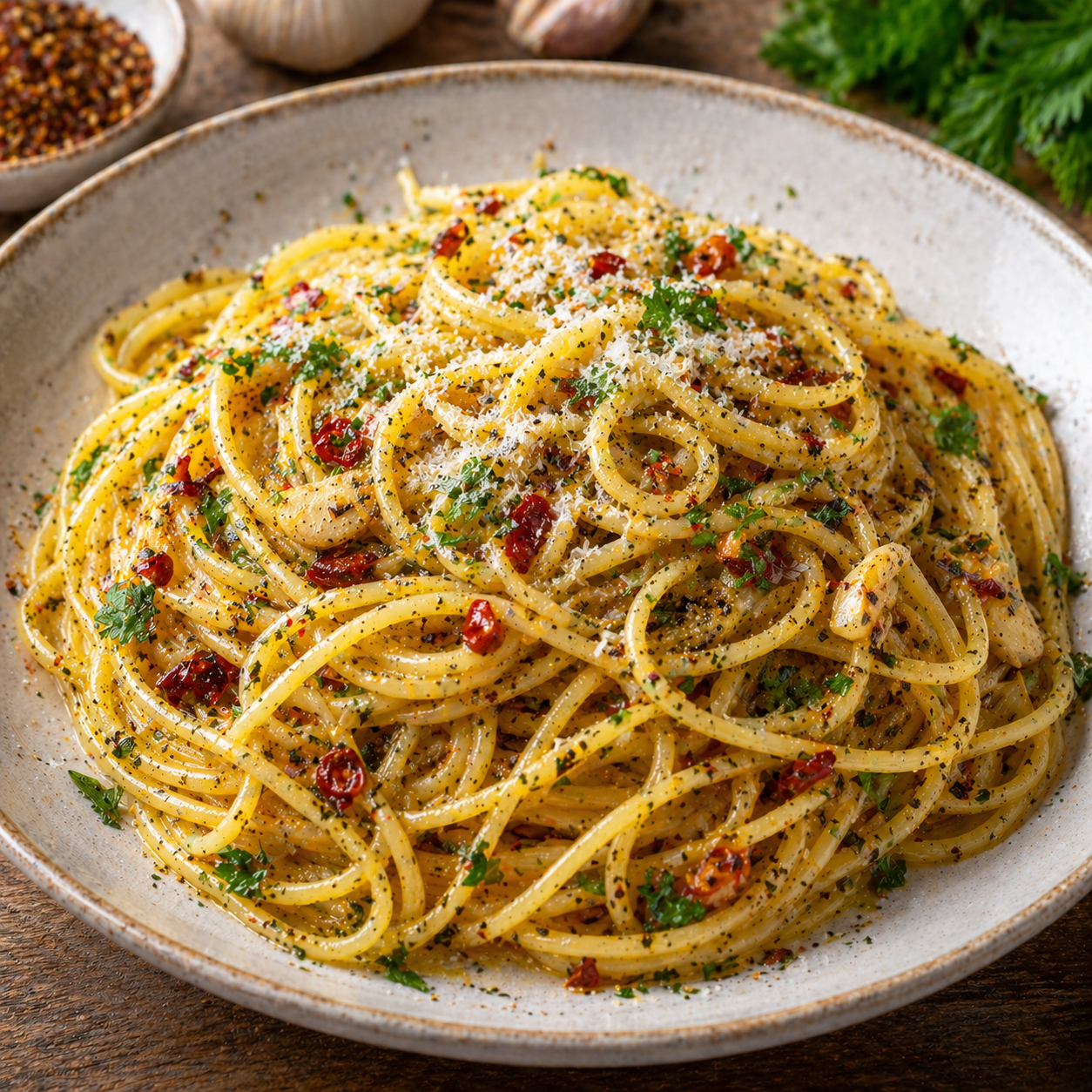 Gewuerzmischung Aglio Peperoncino mit Knoblauch Chili und Kraeutern fuer Pasta Saucen und mediterrane Gerichte
