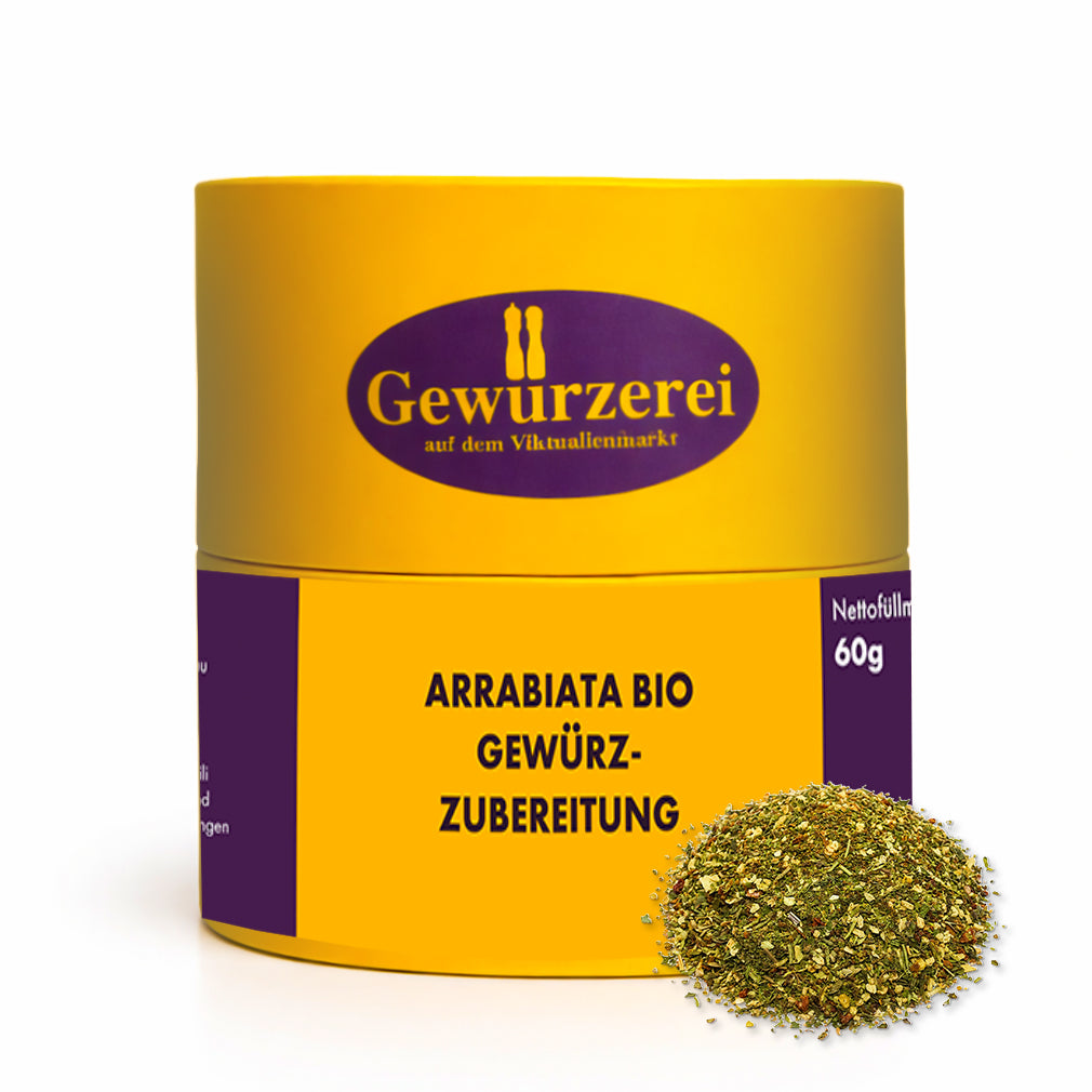 Bio Arrabiata Gewuerzmischung mit Chili Knoblauch und mediterranen Kraeutern fuer Pasta Saucen und Pizza.