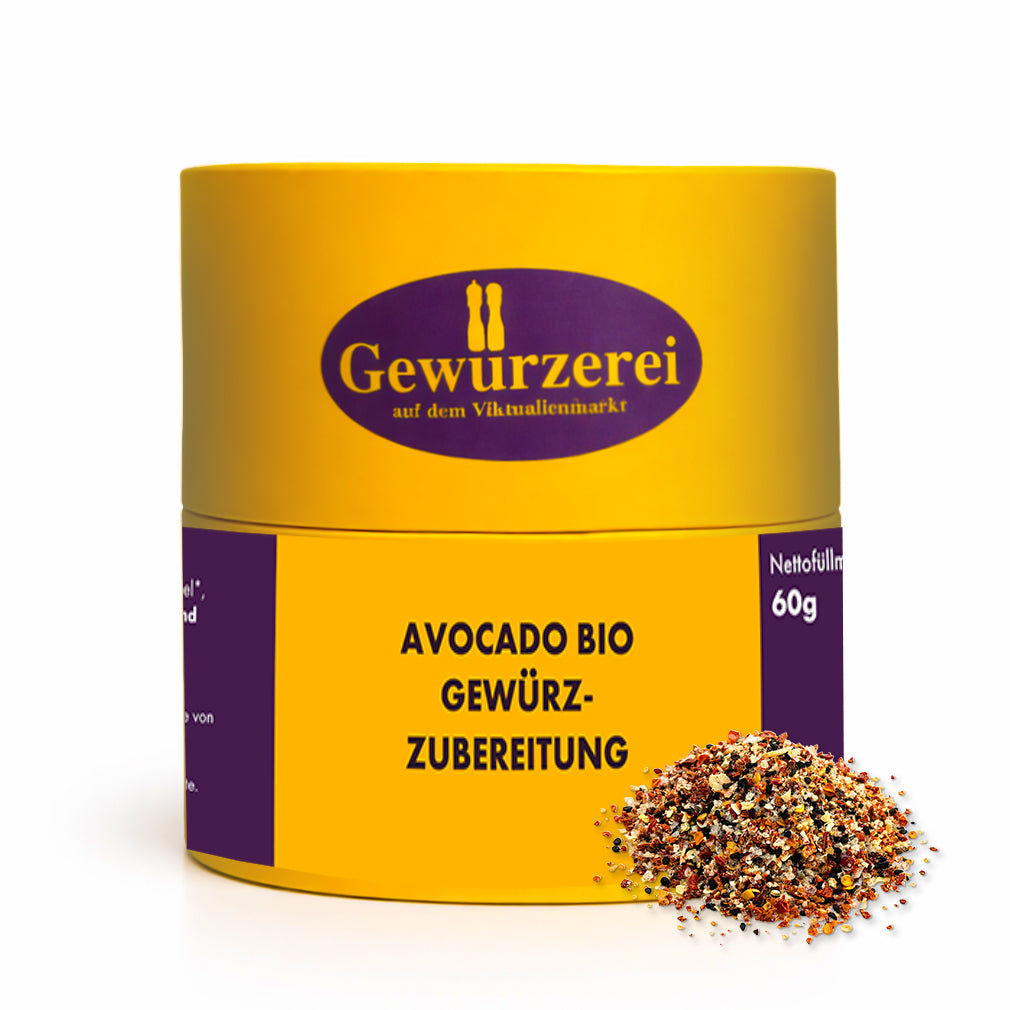 Bio Gewuerzmischung fuer Avocado mit Tomate Paprika Schwarzkuemmel Chili und Kraeutern fuer Avocadobrot und frische Gerichte.