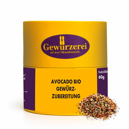 Bio Gewuerzmischung fuer Avocado mit Tomate Paprika Schwarzkuemmel Chili und Kraeutern fuer Avocadobrot und frische Gerichte.