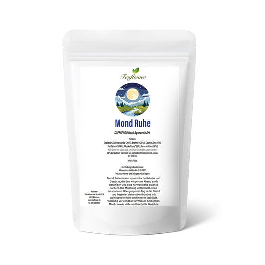 Ayurvedisches Bio-Pflanzenpulver mit Ashwagandha, Brahmi, Shatavari und Rosenblüten, fein abgestimmt für den Abend