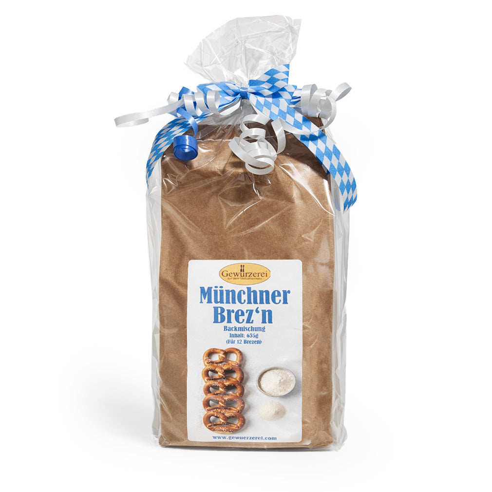 Münchner Brez’n Backmischung aus Dinkelmehl für 12 goldbraune Laugenbrezen, inklusive Hefe, Natron und Brezensalz