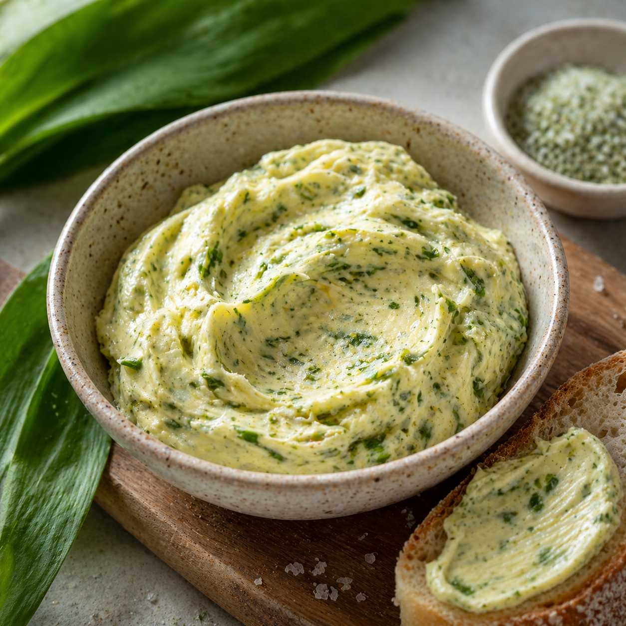 Bio Baerlauchsalz mit Meersalz und frischem Baerlauch fuer Eier Kartoffeln Salate und Brotgerichte