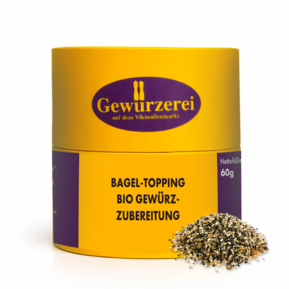 Bio Bagel Topping mit Sesam, Mohn, Zwiebel und Knoblauch für knuspriges Brot und Gebäck.