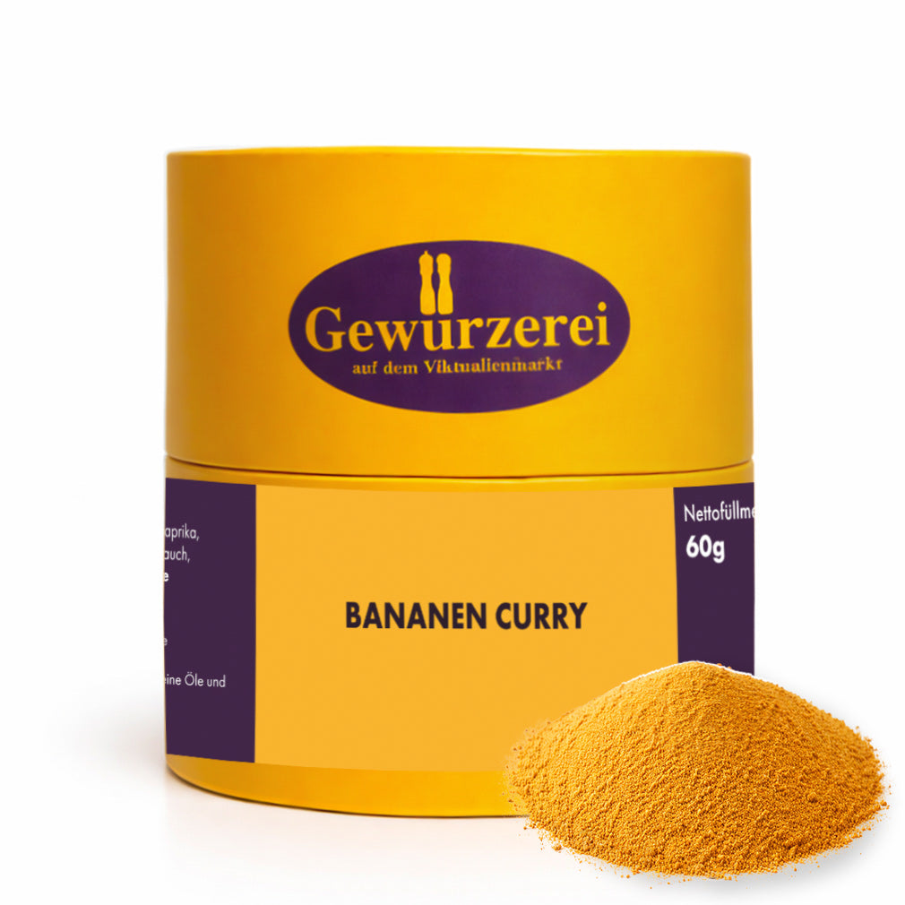Bananen Curry Gewürzmischung mit Bananenpulver, Kurkuma, Koriander und Kardamom in feiner, ausgewogener Komposition