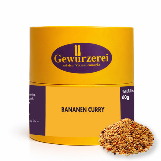 Bananen Curry Gewürzmischung mit Bananenpulver, Kurkuma, Koriander und Kardamom in feiner, ausgewogener Komposition