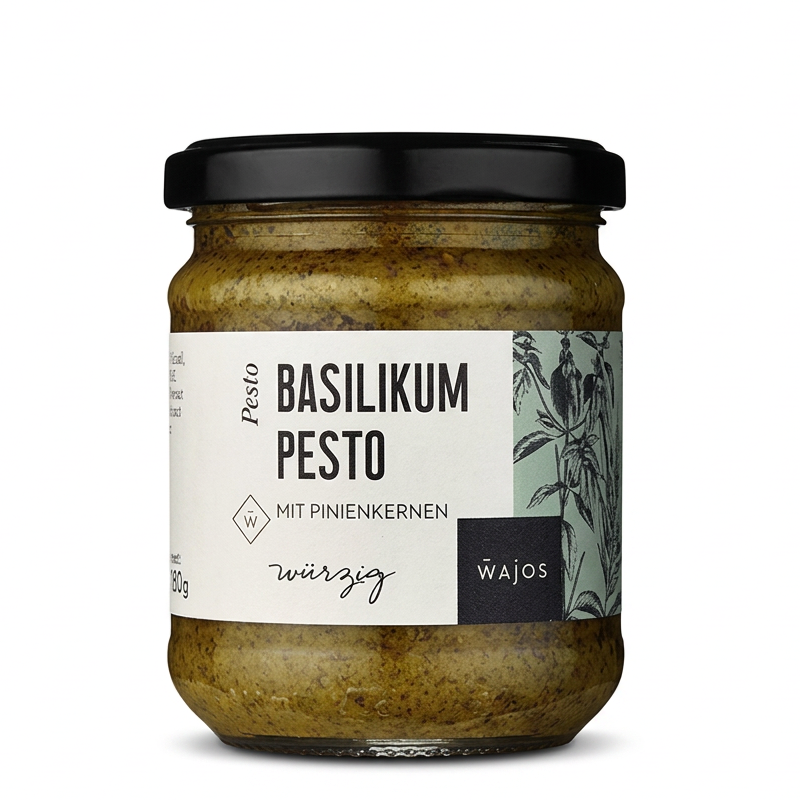 Grünes Basilikum Pesto mit Pinienkernen, Parmesan und Olivenöl für Pasta, Bruschetta und mediterrane Gerichte.