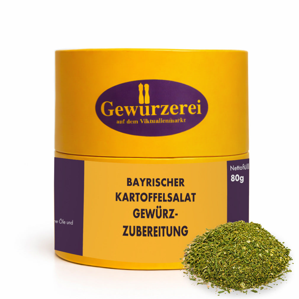 Bayrischer Kartoffelsalat mit Essig und Öl, gewürzt mit klassischer Gewürzzubereitung aus Zwiebel, Dill und Senfsaat