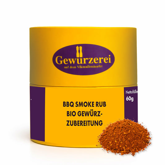 Bio BBQ Smoke Rub mit geraeuchertem Paprika Chipotle und Rauchsalz fuer Grillfleisch Gemuese und Ofengerichte.