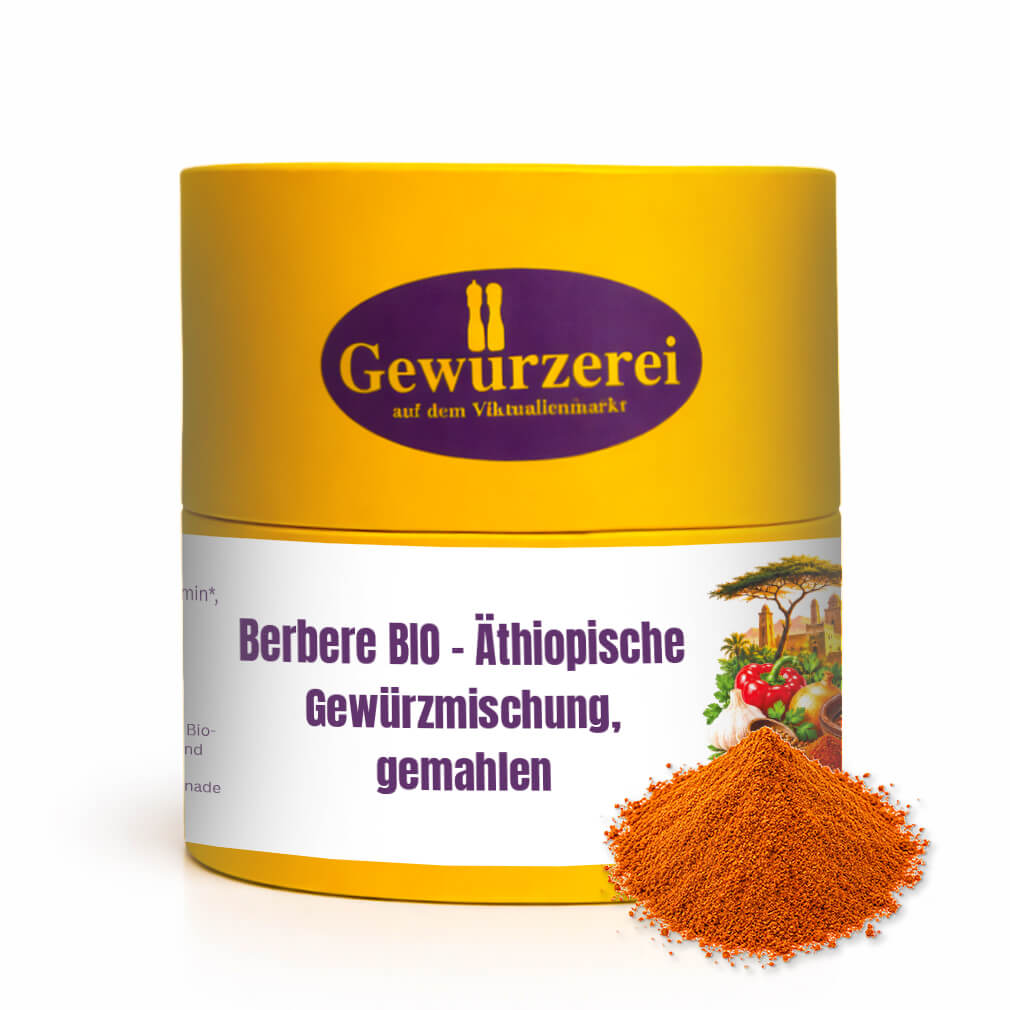 Bio Berbere Gewürzmischung mit Paprika, Cayennepfeffer, Koriander, Ingwer, Kardamom und weiteren Gewürzen