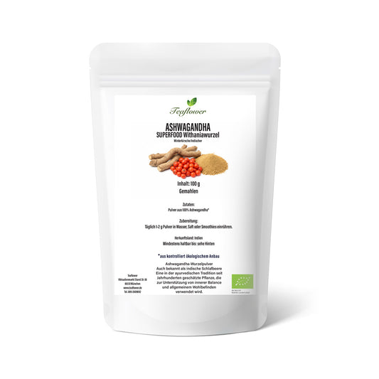 Reines Bio Ashwagandha Wurzelpulver aus gemahlener Ashwagandha-Wurzel, fein vermahlen und naturbelassen