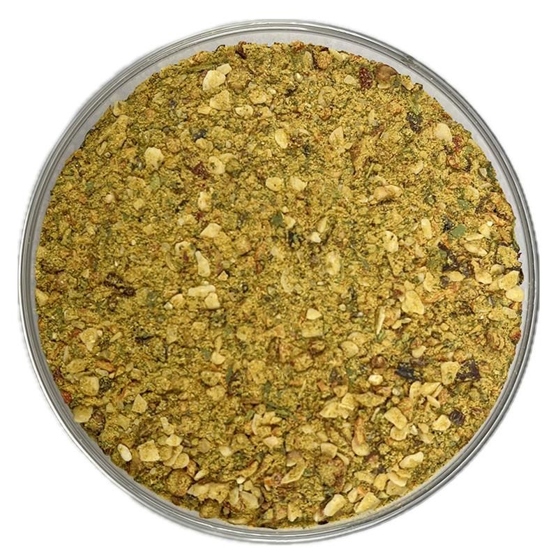 Bio Asia Pfanne Gewuerzzubereitung grob mit sichtbaren Gewuerzen und Zitrusnote durch Lemon Myrtle