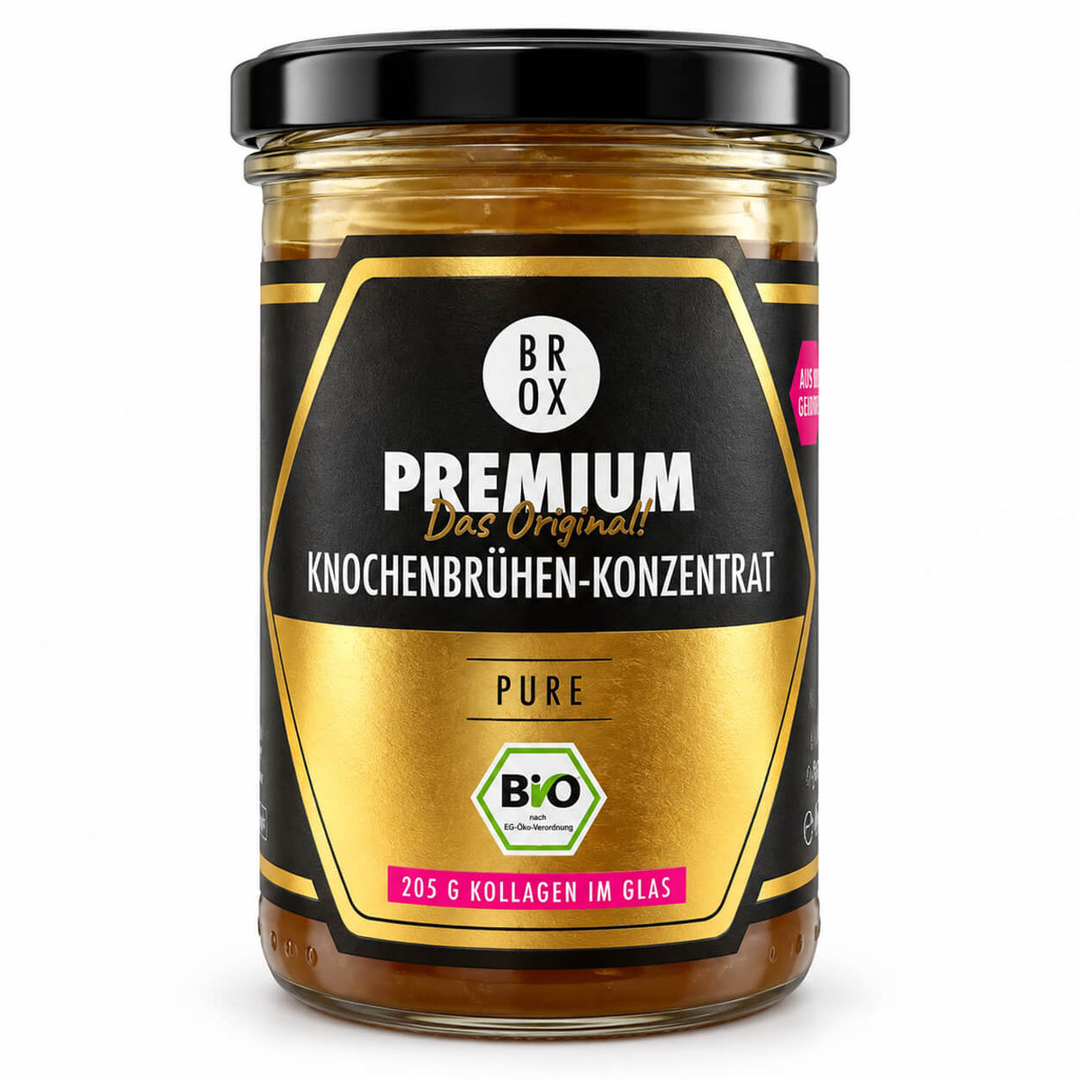 BROX Premium PURE BIO Knochenbrühen-Konzentrat aus Rinderknochen mit Kollagen im 465-g-Glas.