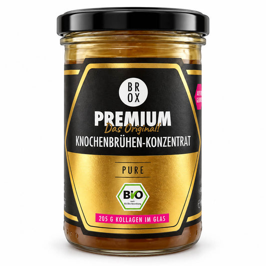 BROX Premium PURE BIO Knochenbrühen-Konzentrat aus Rinderknochen mit Kollagen im 465-g-Glas.