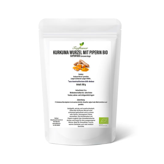 Bio Kurkuma Pulver aus gemahlener Kurkuma Wurzel mit Piperin fuer Currys Reisgerichte Smoothies und warme Getraenke