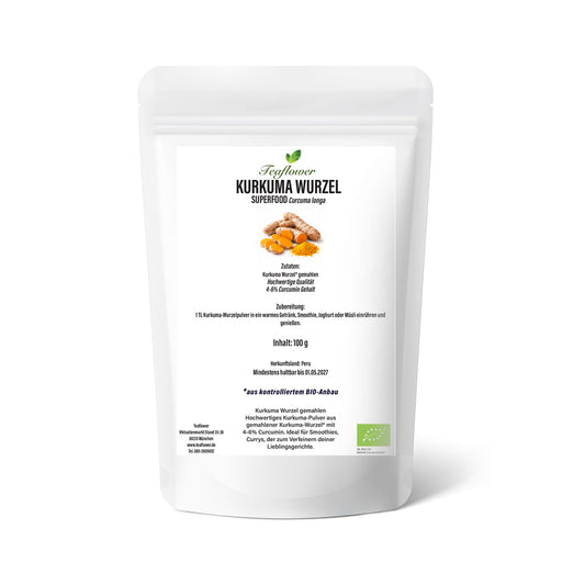Bio Kurkuma Wurzelpulver aus gemahlener Kurkuma-Wurzel mit 4–6 % Curcumin, fein vermahlen