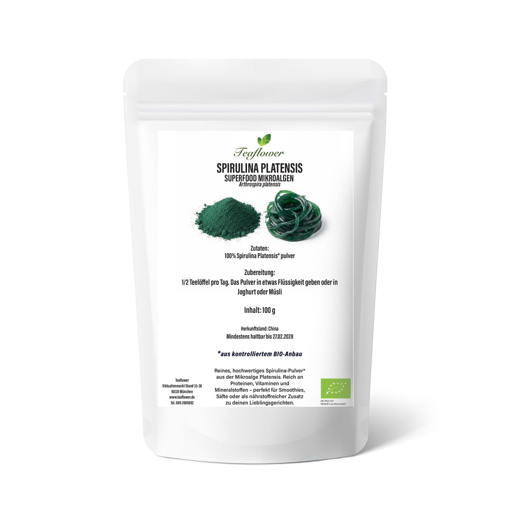 Reines Bio Spirulina Pulver aus Spirulina Platensis, fein vermahlenes Mikroalgenpulver in intensiver grüner Farbe