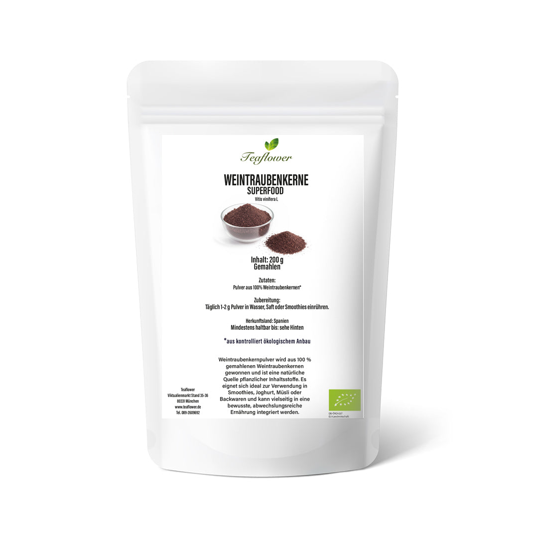 Bio Weintraubenkernpulver aus fein vermahlenen Weintraubenkernen mit natürlichem OPC-Gehalt, naturbelassen und vegan
