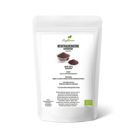 Bio Weintraubenkernpulver aus fein vermahlenen Weintraubenkernen mit natürlichem OPC-Gehalt, naturbelassen und vegan