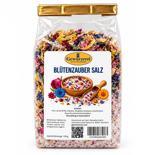 Blütenzauber Blütensalz mit essbaren farbigen Blüten als florales Finish für Salate, Gemüse und Käse