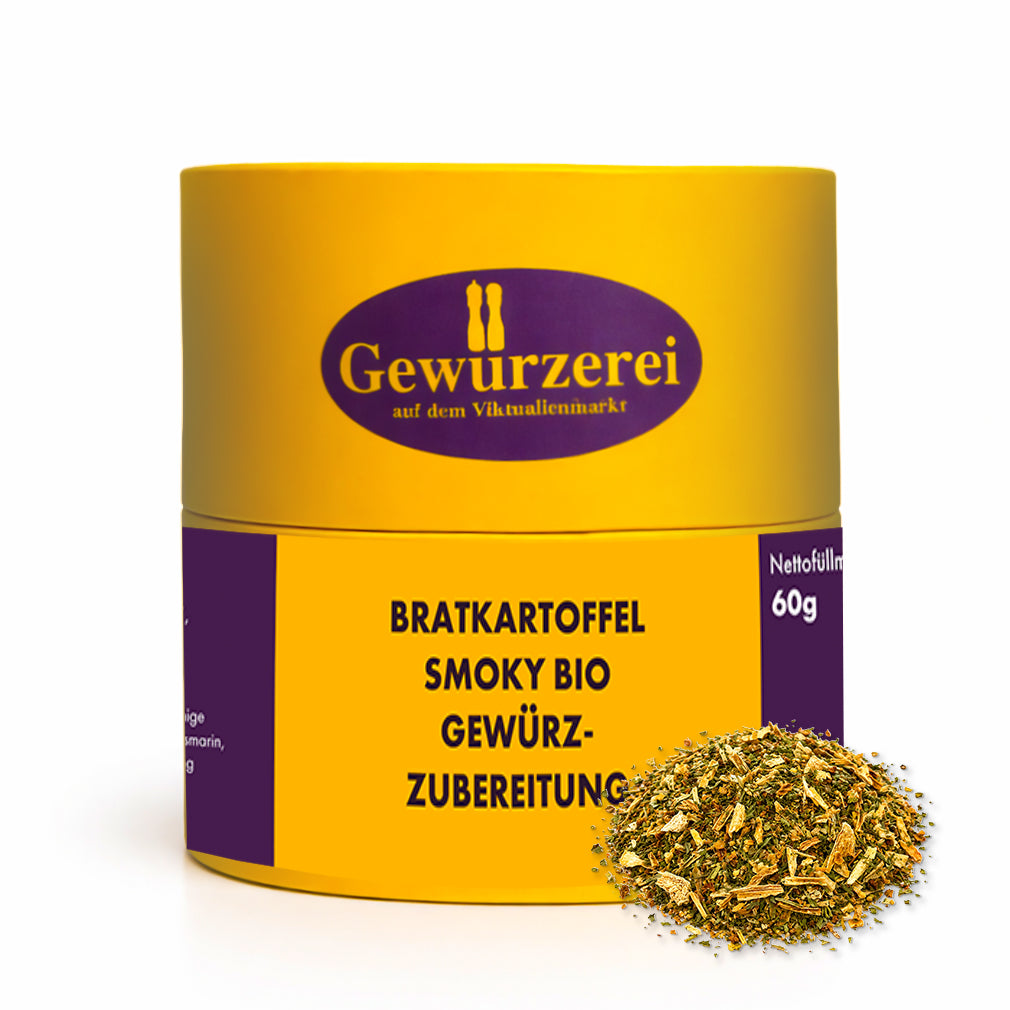 Bio Gewuerzmischung fuer Bratkartoffeln mit Rauchsalz geraeucherter Paprika Rosmarin Knoblauch und Kraeutern.