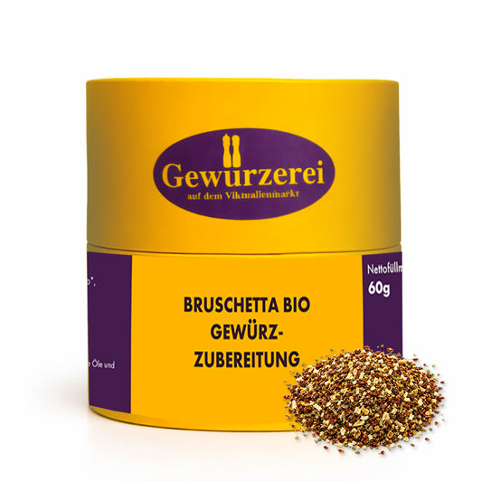 Bio Bruschetta Gewuerzmischung mit Tomaten Kraeutern und Knoblauch fuer Brot Pasta und mediterrane Gerichte.