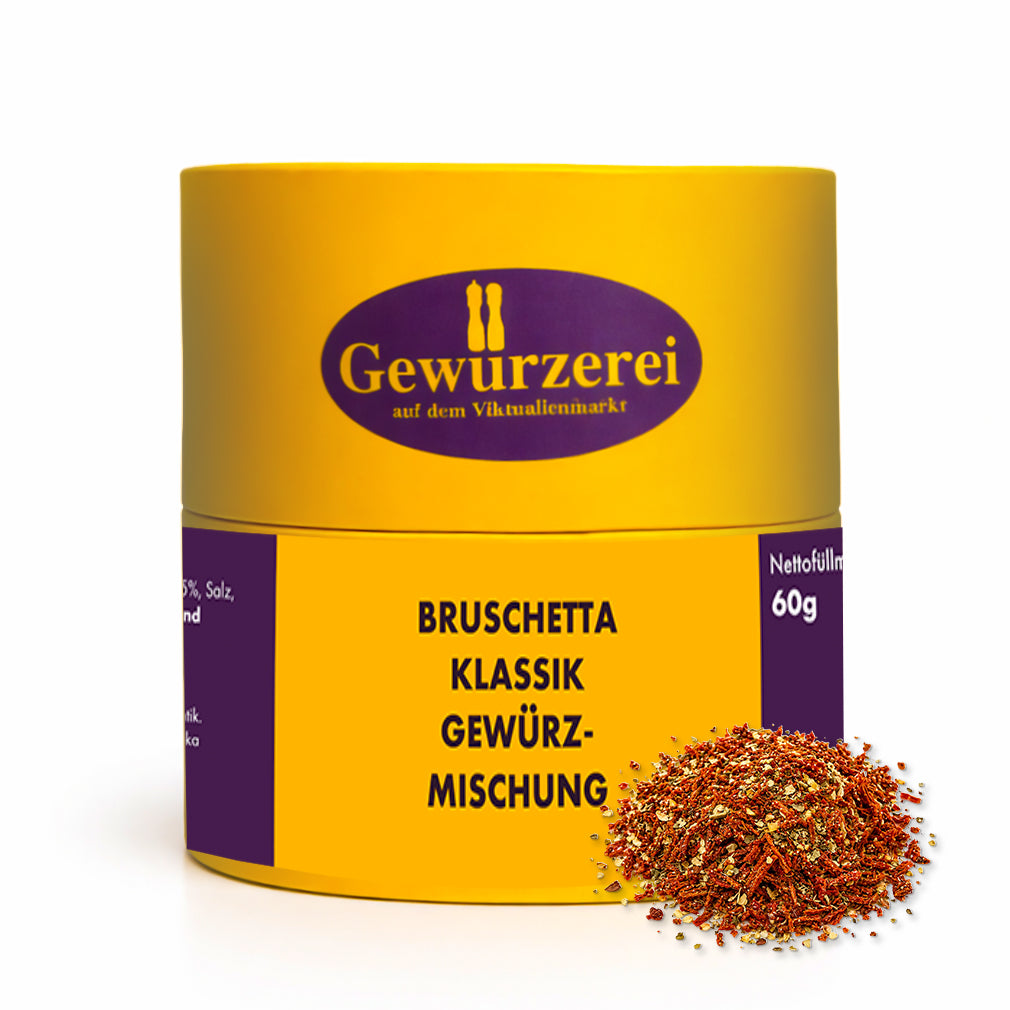 Bruschetta Klassik Gewuerzmischung mit Tomatenflocken Knoblauch und Kraeutern fuer Brot Pasta und mediterrane Gerichte.