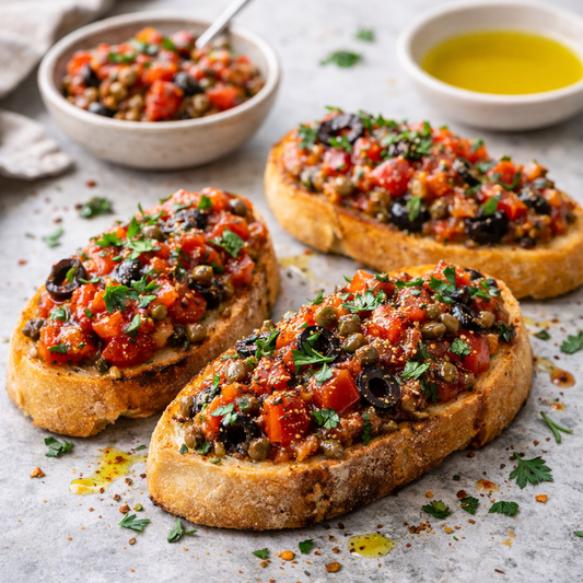 Bruschetta Puttanesca Gewürzmischung mit Tomaten, Oliven und Kapern für Pasta und mediterrane Gerichte