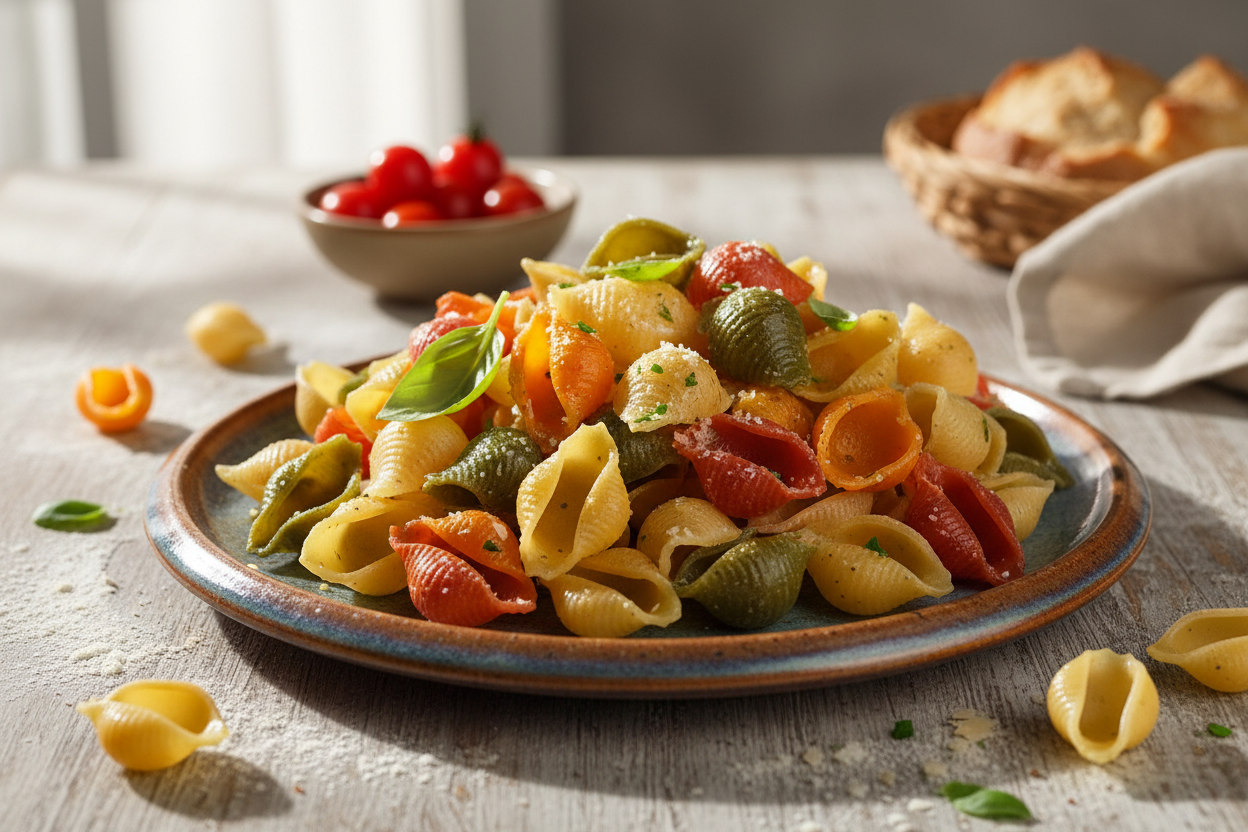 Diese cremige Pasta kombiniert zarte Conchiglie mit einer frischen Joghurt-Erbsen-Sauce, verfeinert mit Kräutern, Feta und knackigen Cashewkernen – leicht, aromatisch und perfekt für den Alltag.
