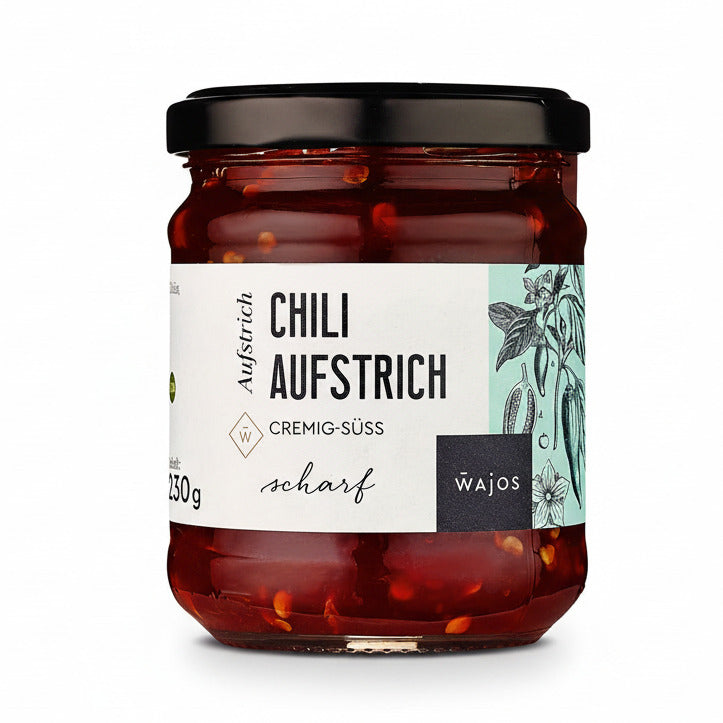 cremig-süßer chili aufstrich mit hohem chili-anteil im glas, intensiv rot und streichzart