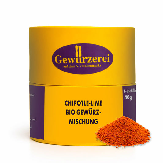 Chipotle Lime Bio Gewuerzmischung mit Chipotle Chili Paprika Limettenschalen Knoblauch Zwiebel und Cumin fuer mexikanische Tacos und BBQ Gerichte
