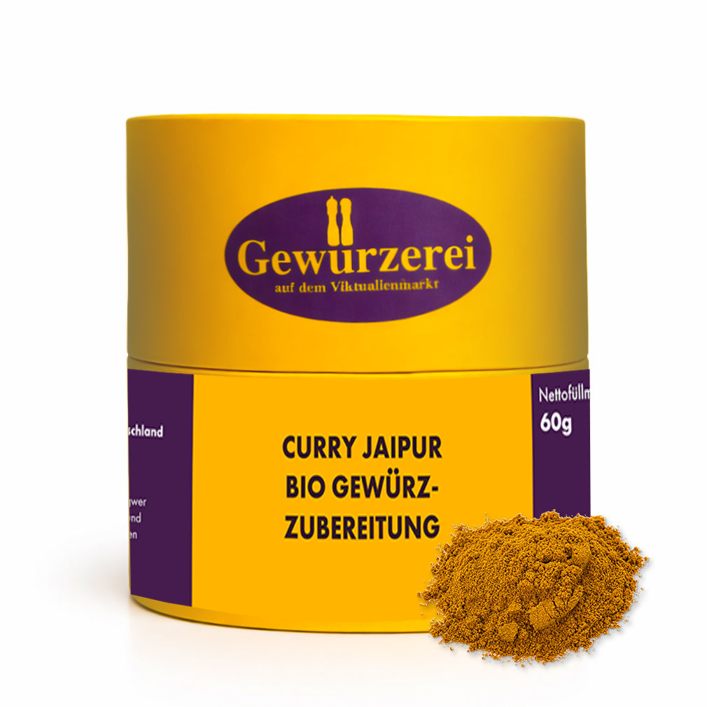 Bio Curry Jaipur Gewuerzmischung mit Koriander Kurkuma Ingwer und Zimt fuer Currys Kichererbsen und Reisgerichte.