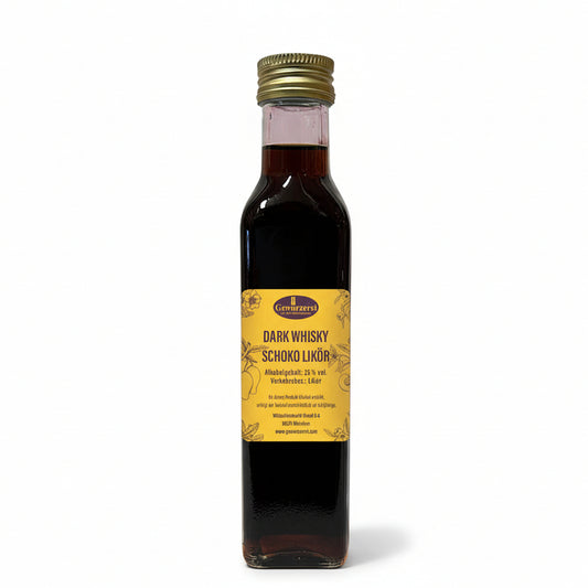 Dark-Whisky-Schokoladen Likör 30 % vol im Glas, dunkler Likör mit Kakao, Whisky und feiner Orangennote