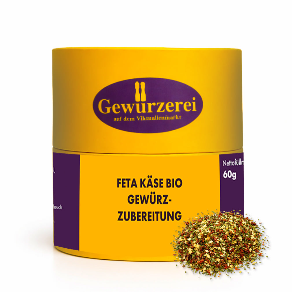 Bio Feta Gewuerzmischung mit Tomate Kraeutern und Knoblauch fuer Ofenkaese Antipasti und mediterrane Gerichte.
