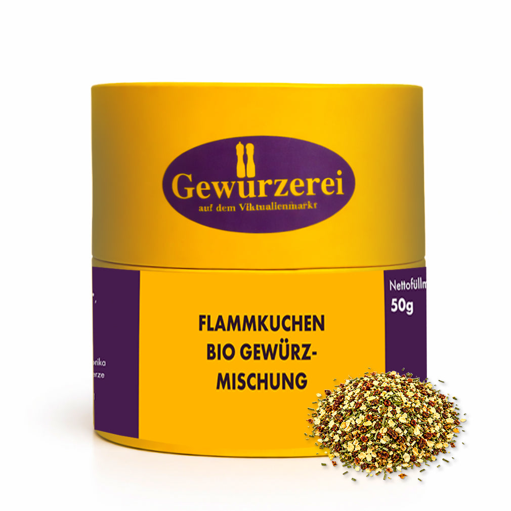 Bio Flammkuchen Gewuerzmischung mit Zwiebeln Rauchsalz und Kraeutern fuer Ofengerichte und Flammkuchen.