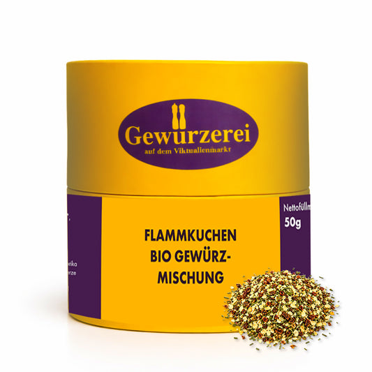 Bio Flammkuchen Gewuerzmischung mit Zwiebeln Rauchsalz und Kraeutern fuer Ofengerichte und Flammkuchen.
