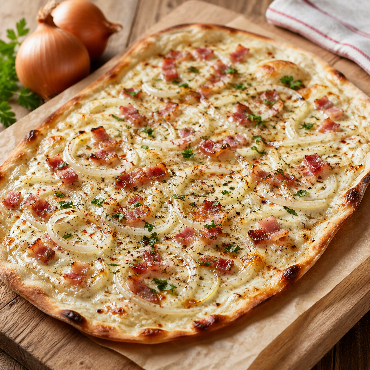 Bio Flammkuchen Gewuerzmischung mit Zwiebeln Rauchsalz und Kraeutern fuer Ofengerichte und Flammkuchen